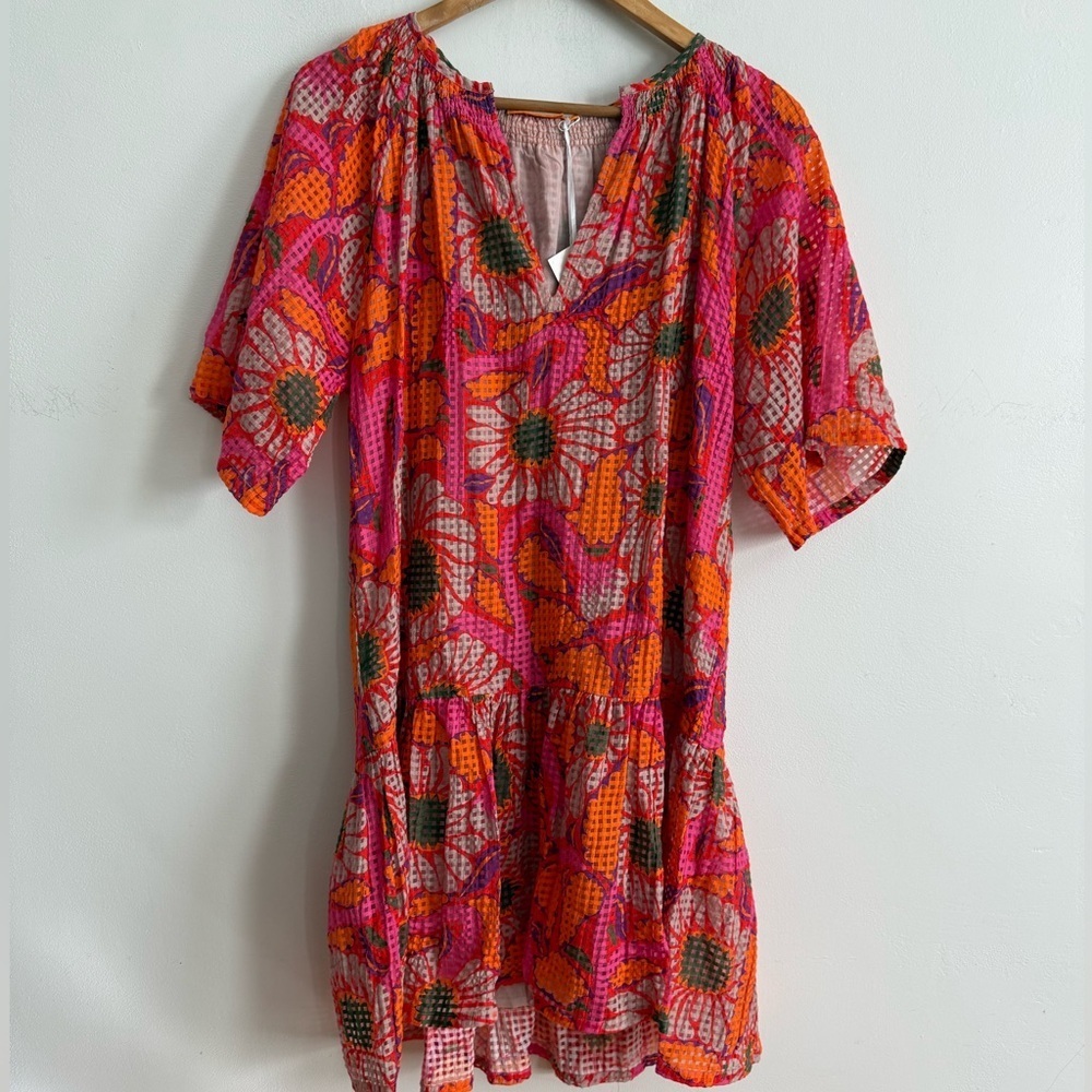 Oliphant Floral Boho Tiered Mini Dress Pink Orange Print M